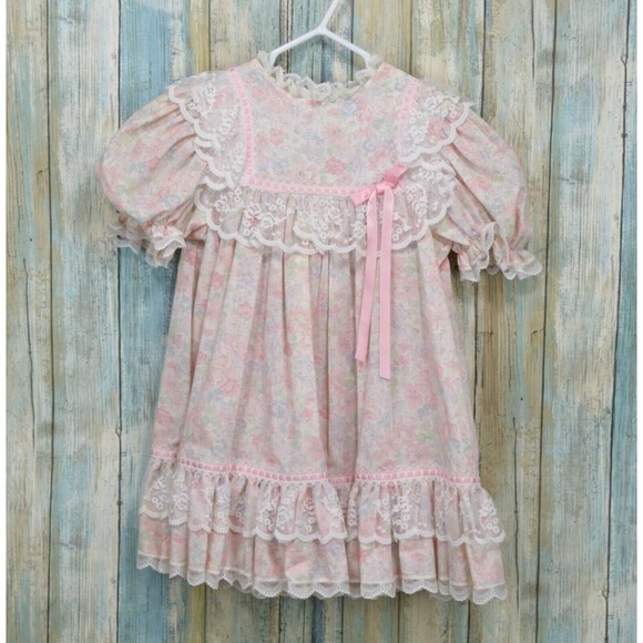 Bryan Other - Vintage Bryan Girls 4T Pink Lace Floral Dress Back Button Ruffle Gown RARE